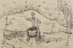 Das dünne Häutchen, 4.2.2022, Tusche auf braunen Papier, 34,5x50 cm, entstanden in der Herz-Reha in Bad Ischl
