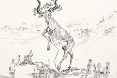 Die Behandlung des Ziegenbocks, 6,2,2022, Tusche auf Zeichenkarton, 36,5x50 cm, entstanden in der Herz-Reha in Bad Ischl