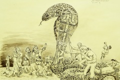 Die sieben Lausbuben, 1.2.2022, Tusche auf gelben Karton, 29,5x42 cm, entstanden in der Herz-Reha in Bad Ischl