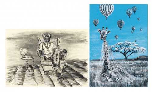 Noch vor Adam und Eva, 2019, Öl- und Pastelkreide, Graphitstift, Farbkarton, je 100x70 cm